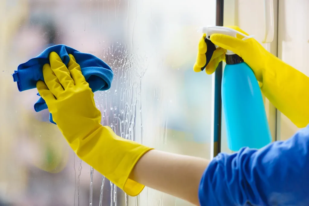 Une personne avec des gants jaune pulvérisant un produit nettoyant sur une vitre